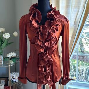 Rinascimento Satin Ruffled Front Button Down Blouse in Burnt Orange NWT